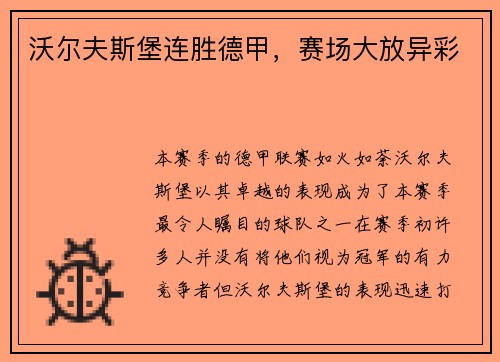 沃尔夫斯堡连胜德甲，赛场大放异彩